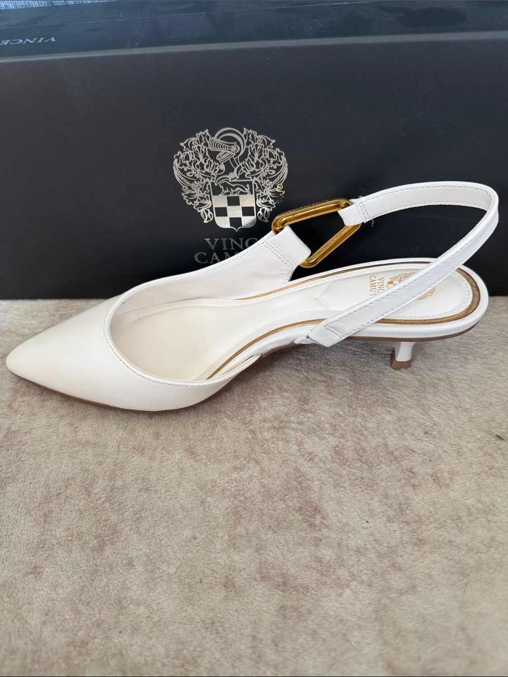 Vince Camuto Inari White Pointed-Toe Slingback Kitten Heel with Gold Buckle - Picture 2 of 6